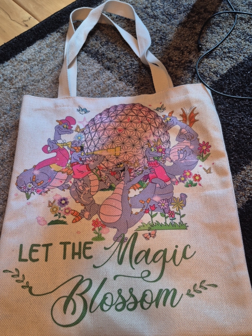 Disney Cream Tote with Purple Figment Dragon and Green Script